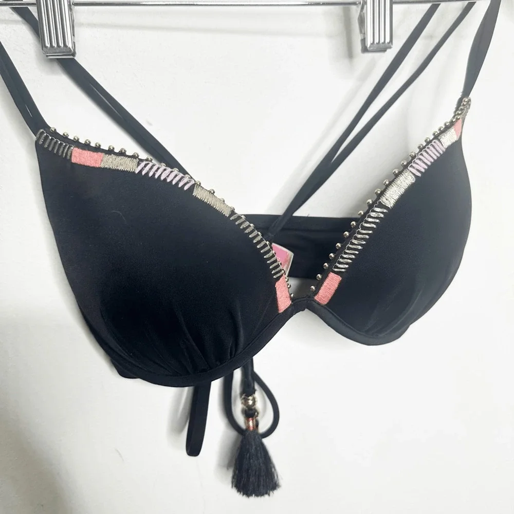 Y2K 00s VICTORIA'S SECRET THE GORGEOUS Push Up Bikini Tassel Black Underwire 34B - Picture 3 of 6